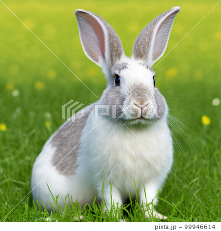 Sedate easter dutch rabbit breeding portrait full body sitting in green field 99946614