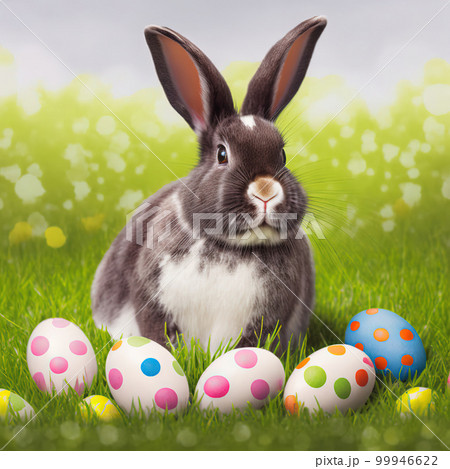 Single sedate furry Harlequin rabbit sitting on green grass with easter eggs. Single sedate furry Harlequin rabbit sitting on green grass with easter eggs. 99946622