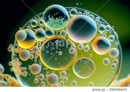 Abstract transparent molecule bubbles in facial skincare cosmetic product. Beauty under the microscope. Generative AI illustration Abstract transparent molecule bubbles in facial skincare cosmetic product. Beauty under the microscope. Generative AI illustration 99946644