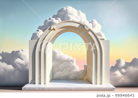 Arched portal podium on fantasy surreal landscape. Pastel gradient cloud sky. Generative AI illustration Arched portal podium on fantasy surreal landscape. Pastel gradient cloud sky. Generative AI illustration 99946645