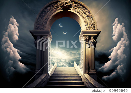 Heavens gate to heaven end of life. Stairway to Heaven. Religious background. Generative AI illustration 99946646