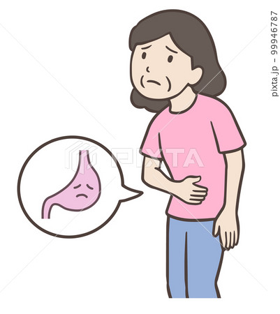 胃の調子が悪い人、お腹に手を当てる中年女性 99946787