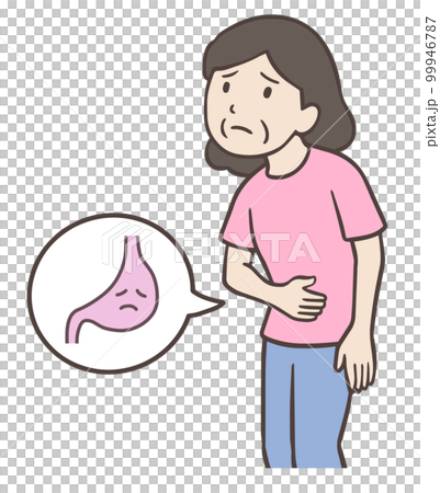 胃の調子が悪い人、お腹に手を当てる中年女性 99946787