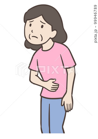 お腹の調子が悪いおばさん、お腹をさする中年女性 99946789
