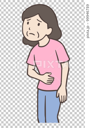 An old woman with a bad stomach, a middle-aged woman who rubs her stomach 99946789