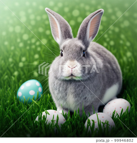 Single sedate furry Silver rabbit sitting on green grass with easter eggs. Single sedate furry Silver rabbit sitting on green grass with easter eggs. 99946802