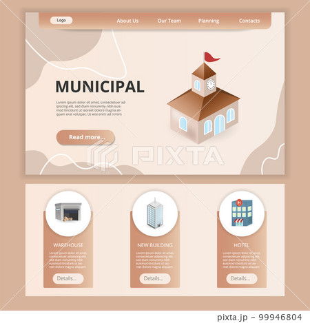 Municipal flat landing page website template. Warehouse, new building, hotel. Web banner with header, content and footer. Vector illustration. 99946804