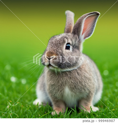 Sedate easter Mini Rex rabbit portrait full body sitting in green field Sedate easter Mini Rex rabbit portrait full body sitting in green field 99946987