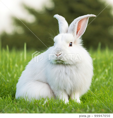 Sedate easter English Angora rabbit portrait full body sitting in green field Sedate easter English Angora rabbit portrait full body sitting in green field 99947050