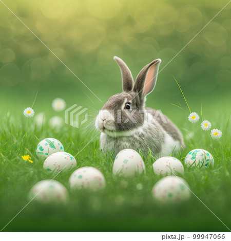 Single sedate furry Beveren rabbit sitting on green grass with easter eggs. Single sedate furry Beveren rabbit sitting on green grass with easter eggs. 99947066