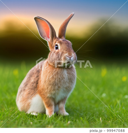 Sedate easter american rabbit portrait full body sitting in green field 99947088