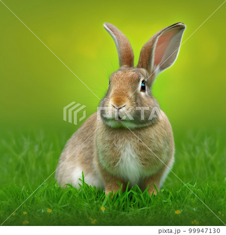 Sedate easter Satin rabbit portrait full body sitting in green field 99947130