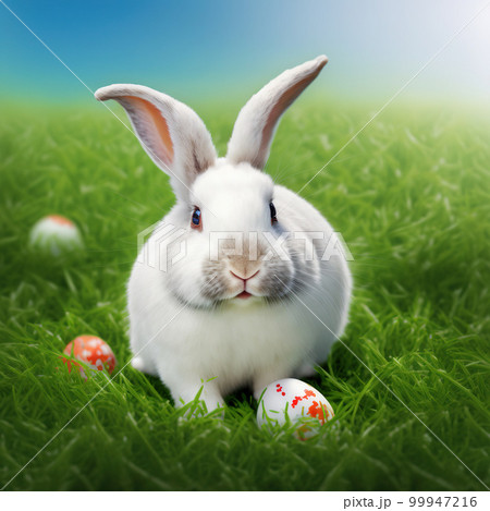 Single sedate furry Dwarf rabbit sitting on green grass with easter eggs. Single sedate furry Dwarf rabbit sitting on green grass with easter eggs. 99947216