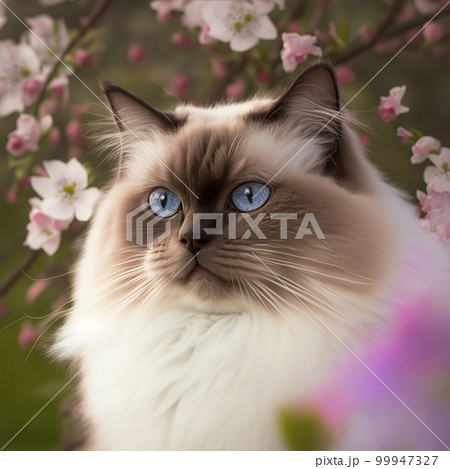 Realistic blue eye ragdoll cat on ravishing natural outdoor background 99947327