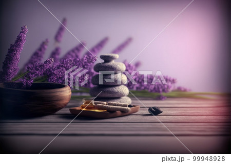 AI Generative image, spa lavender composition set in spa hotel wellness center 99948928