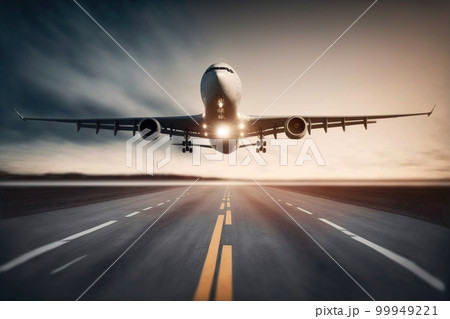 Commercial or cargo airplane taking off from the airport runway 99949221