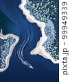 Boat on the river and forest in a winter nature landscape from top. Vector illustration 99949339