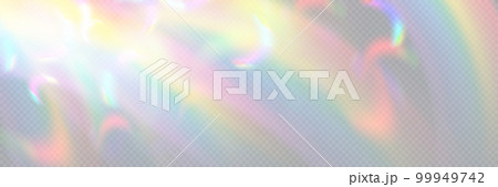 Rainbow light prism effect, transparent background. Hologram reflection, crystal flare leak shadow overlay. Vector illustration of abstract blurred iridescent light backdrop. 99949742