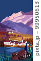 Mountain valley landscape at sunset with house and lake in the foreground. Vector illustration 99950613