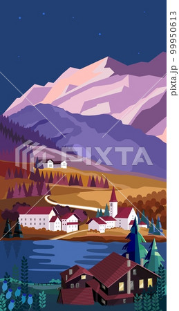 Mountain valley landscape at sunset with house...のイラスト素材