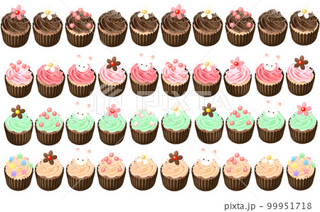 一列に並んだカラフルなカップケーキ 白(透過)背景 イラスト素材 色違い・差分あり 一列に並んだカラフルなカップケーキ 白(透過)背景 イラスト素材 色違い・差分あり 99951718