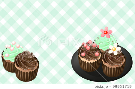 皿に乗ったカップケーキ チョコミント チェック背景 色違い・差分あり イラスト素材 皿に乗ったカップケーキ チョコミント チェック背景 色違い・差分あり イラスト素材 99951719
