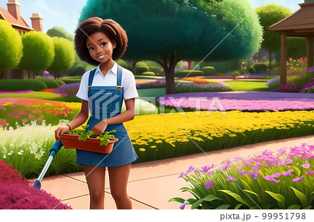 Beautiful girl working a gardener. African American girl planting flowers 99951798