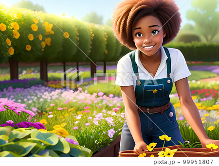 Beautiful girl working a gardener. African American girl planting flowers Beautiful girl working a gardener. African American girl planting flowers 99951807