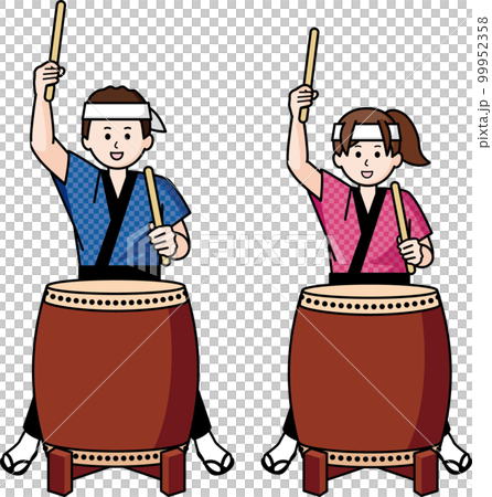 A man and a woman playing Japanese drums 99952358