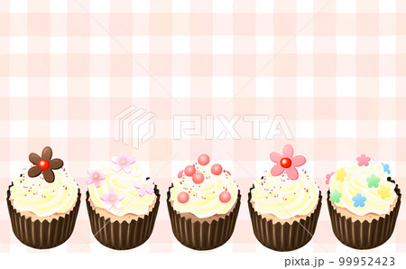 カップケーキ バタークリーム5種 コピースペース有 チェック背景 イラスト素材 色違い・差分あり 99952423