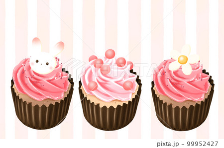 カップケーキいちごクリーム3種 コピースペース有 ストライプ背景 イラスト素材 色違い・差分あり 99952427