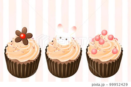 カップケーキ オレンジクリーム3種 コピースペース有 ストライプ背景 イラスト素材 色違い・差分あり カップケーキ オレンジクリーム3種 コピースペース有 ストライプ背景 イラスト素材 色違い・差分あり 99952429