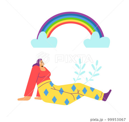Dreamy woman lying under colorful rainbow, flat vector illustration isolated on white background. Dreamy woman lying under colorful rainbow, flat vector illustration isolated on white background. 99953067