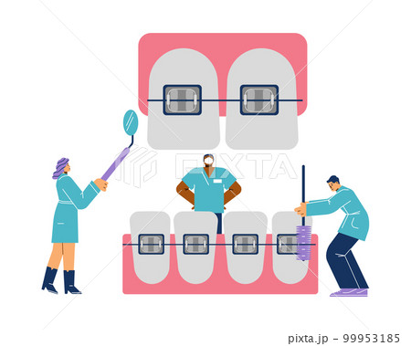 Orthodontic dental clinic banner or emblem with tiny doctors flat vector. Orthodontic dental clinic banner or emblem with tiny doctors flat vector. 99953185