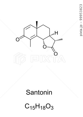 Santonin, chemical formula. Extracted from sea wormwood, Artemisia maritima, it was a drug, widely used as anthelmintic, to expel parasitic worms. Artemisin is a hydroxylated derivative of santonin. 99953823