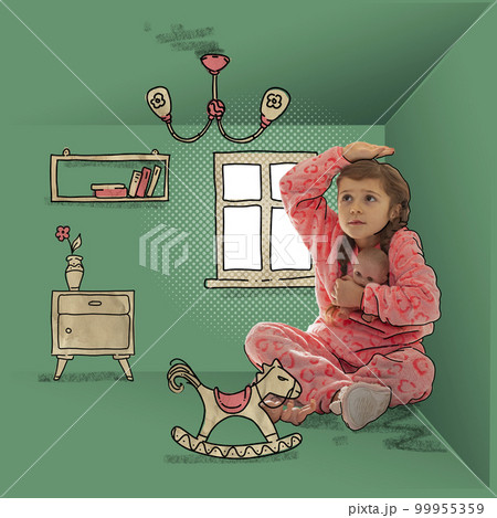 Conceptual art collage with little kid sitting at tiny children room with toys fear, discomfort. Concept of inner world, dreams, child psychology Conceptual art collage with little kid sitting at tiny children room with toys fear, discomfort. Concept of inner world, dreams, child psychology 99955359