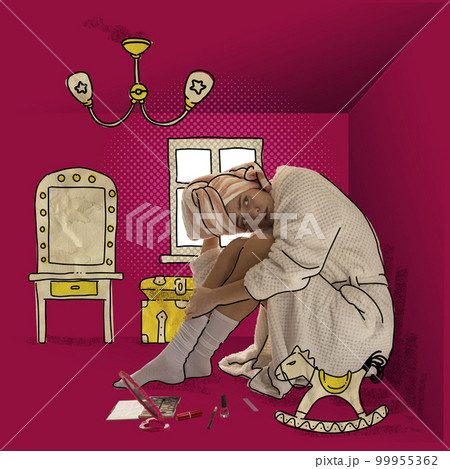 Young beautiful woman sitting in imaginary children's room among her kids toys. Concept of adult infantilism, comfort zone, attachment to parents, unwillingness to take responsibility Young beautiful woman sitting in imaginary children's room among her kids toys. Concept of adult infantilism, comfort zone, attachment to parents, unwillingness to take responsibility 99955362