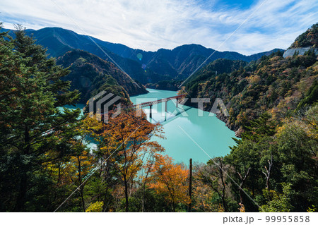 日本　静岡県榛原郡川根本町にある奥大井湖上駅と紅葉 99955858