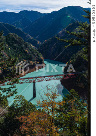 日本 静岡県榛原郡川根本町にある奥大井湖上駅と紅葉 日本 静岡県榛原郡川根本町にある奥大井湖上駅と紅葉 99955861