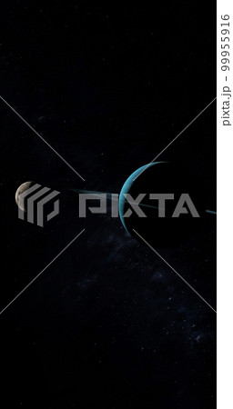 Satellite Oberon orbiting around Uranus planet in the outer space. 3d render 99955916