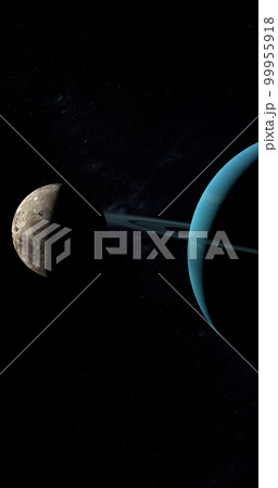 Oberon moon orbiting around Uranus planet in the outer space. 3d render Oberon moon orbiting around Uranus planet in the outer space. 3d render 99955918