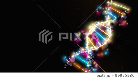 Wireframe DNA molecules structure mesh from a colorful starry on dark background. Science and Technology concept Wireframe DNA molecules structure mesh from a colorful starry on dark background. Science and Technology concept 99955936