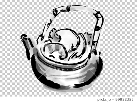 手繪日式土鍋蒸松茸插畫黑白單色單色 99958385