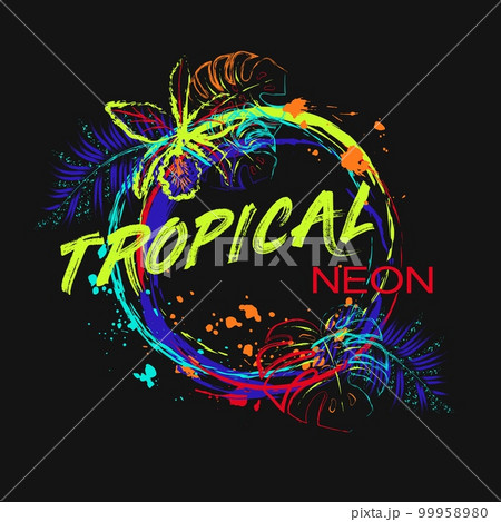 Circular neon label with orchids, tropical foliage Circular neon label with orchids, tropical foliage 99958980