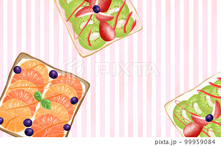 フルーツサンド オープンサンド3種 オレンジ・キウイ 縦ストライプ背景 イラスト素材 色違い・差分有 フルーツサンド オープンサンド3種 オレンジ・キウイ 縦ストライプ背景 イラスト素材 色違い・差分有 99959084