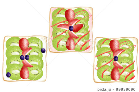 フルーツサンド 苺とキウイのオープンサンド3種 透過背景・白背景 イラスト素材 色違い有 99959090