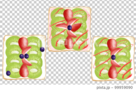 フルーツサンド 苺とキウイのオープンサンド3種 透過背景・白背景 イラスト素材 色違い有 99959090