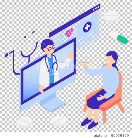 Isometric illustration of online medical consultation with doctor at home Isometric illustration of online medical consultation with doctor at home 99959569