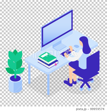 Isometric illustration of a female office staff sitting at a desk and using a computer 99959574