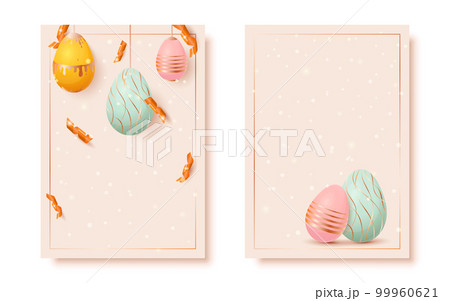 Happy Easter greeting card sparkling egg flat set. Cute cozy background confit clapper tinsel sequins painted hanging blue yellow pink eggs gold dripping geometric line wave pattern modern isolated 99960621